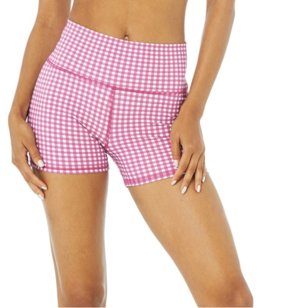 ALO YOGA pink gingham airlift biker shorts